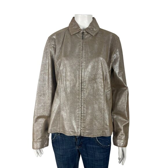 Chicos Gold Metallic 100% Leather Jacket Size 1 Medium 8 Full Zip Collared - Picture 1 of 6